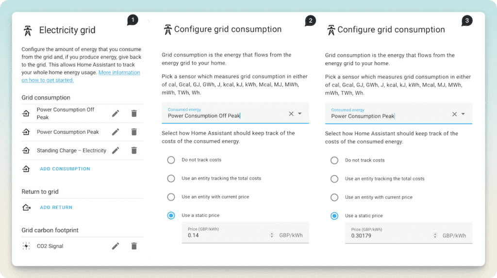 The Energy Dashboards settings window.
