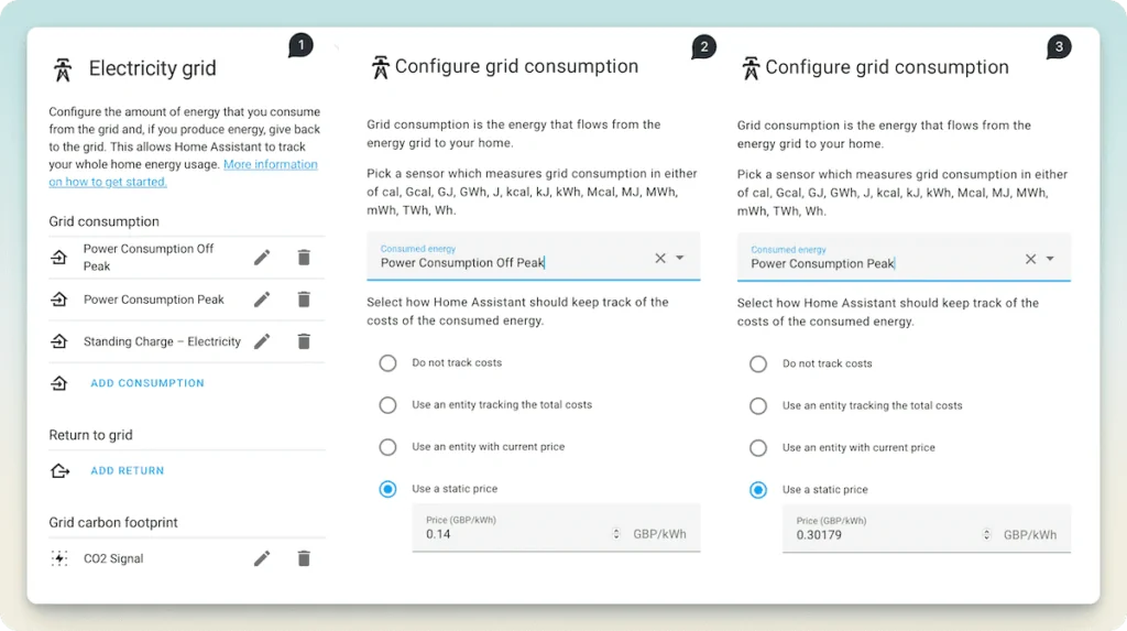 The Energy Dashboards settings window. 
