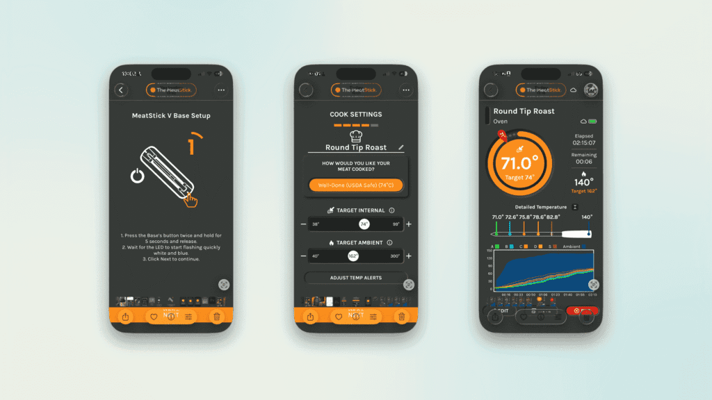 Wireless meat thermometer app displaying internal temperature readings