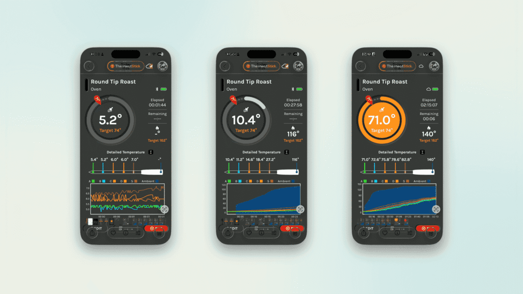 MeatStick app showing real-time meat temperature monitoring